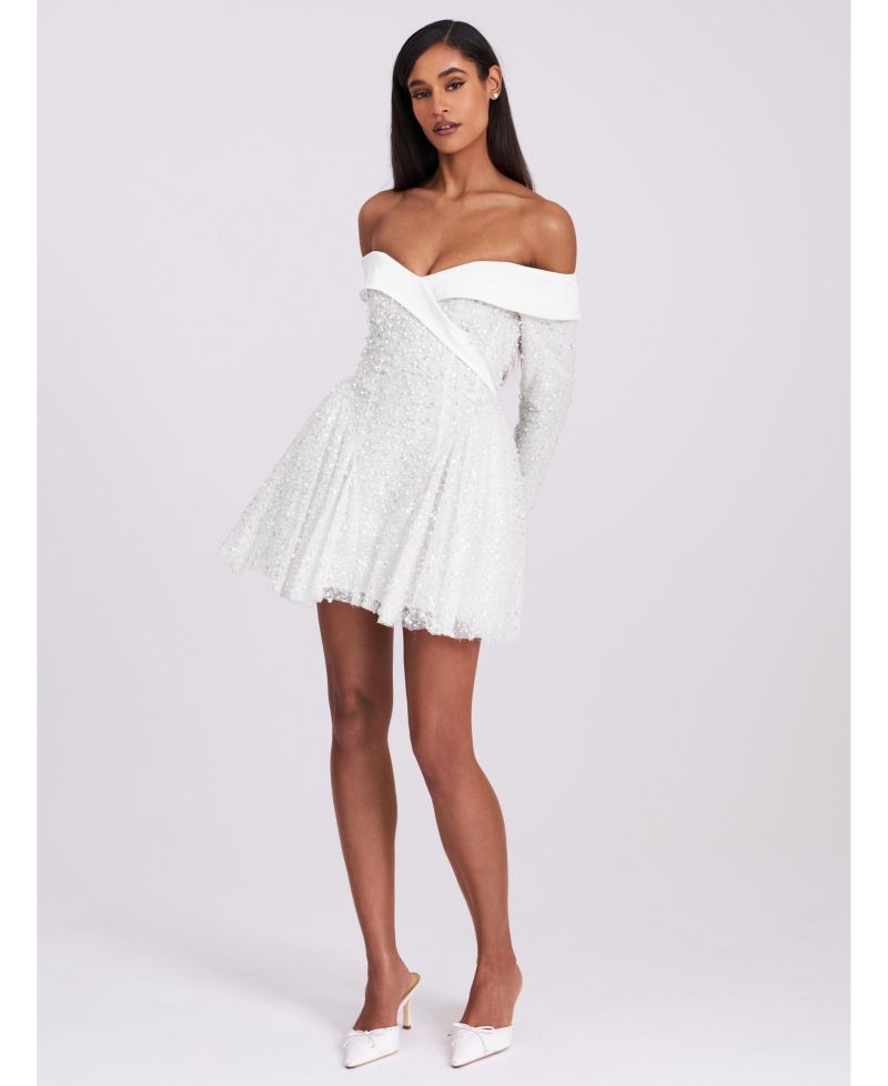 Women's Kira Bead Embroidered Mesh Off Shoulder Long Sleeve Mini Dress