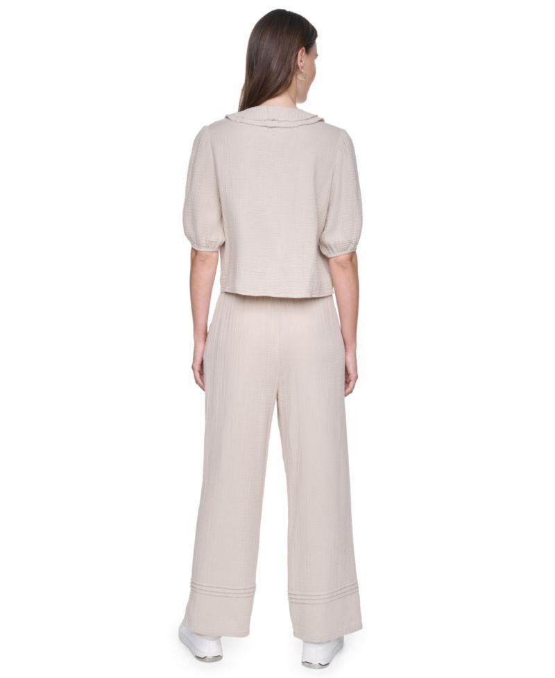 Women's V-Neck Short Puff-Sleeve Tie-Front Shirt