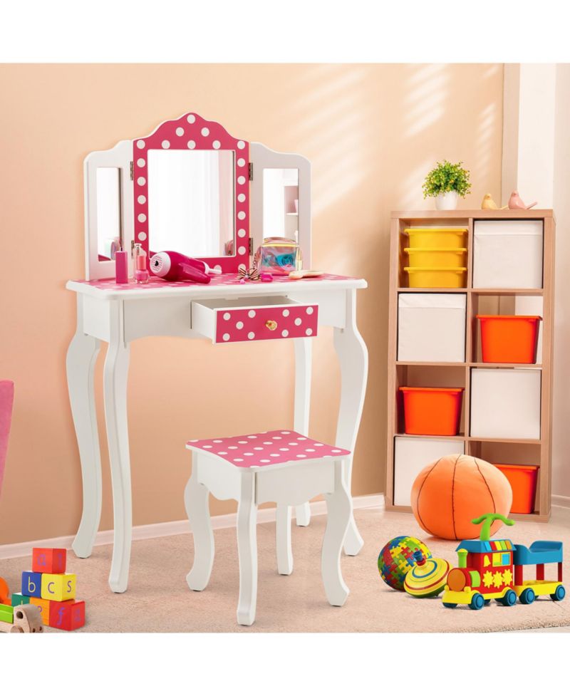 Kid Vanity Set Wooden Makeup Table Stool Tri-Folding Mirror