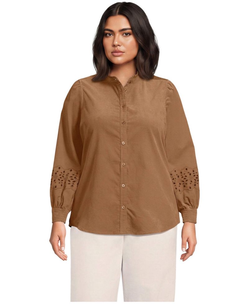 Plus Size Pinwale Corduroy Eyelet Sleeves Shirt