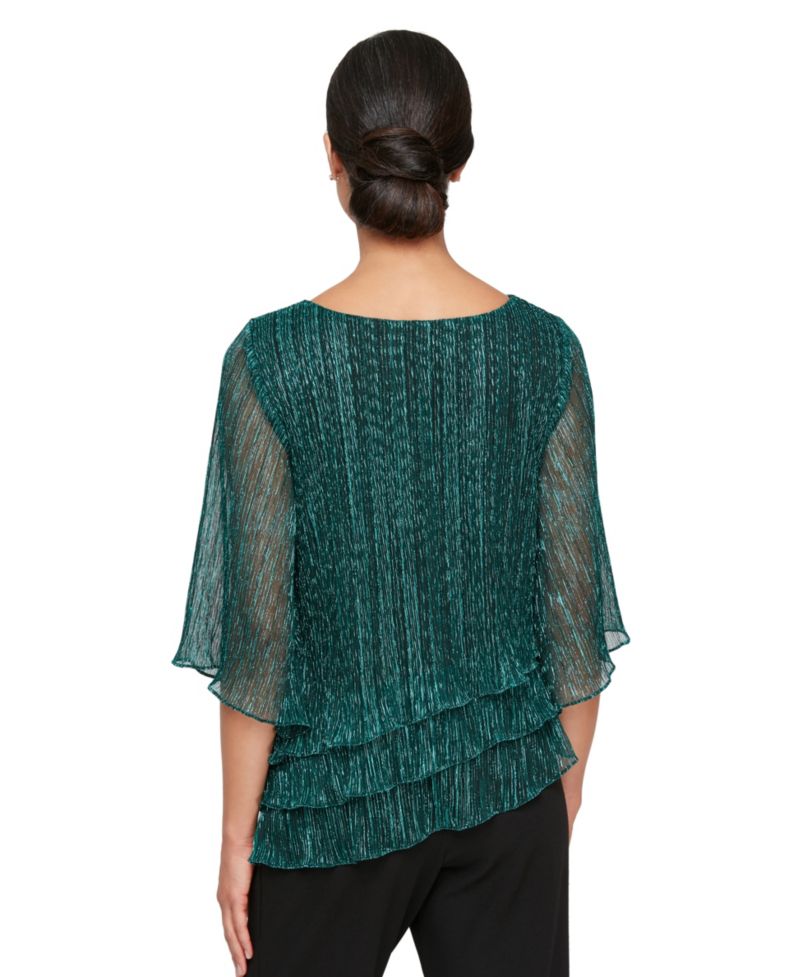Women's Metallic Asymmetric Triple-Tier 3/4-Sleeve Blouse