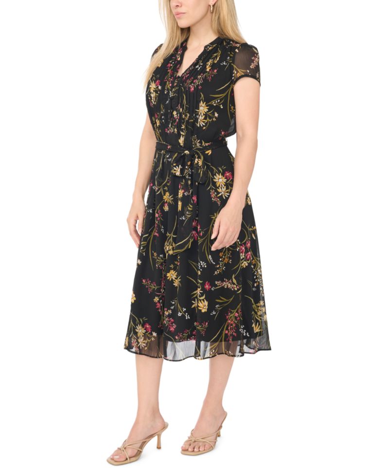 Petite Pintuck Floral-Print A-Line Midi Dress