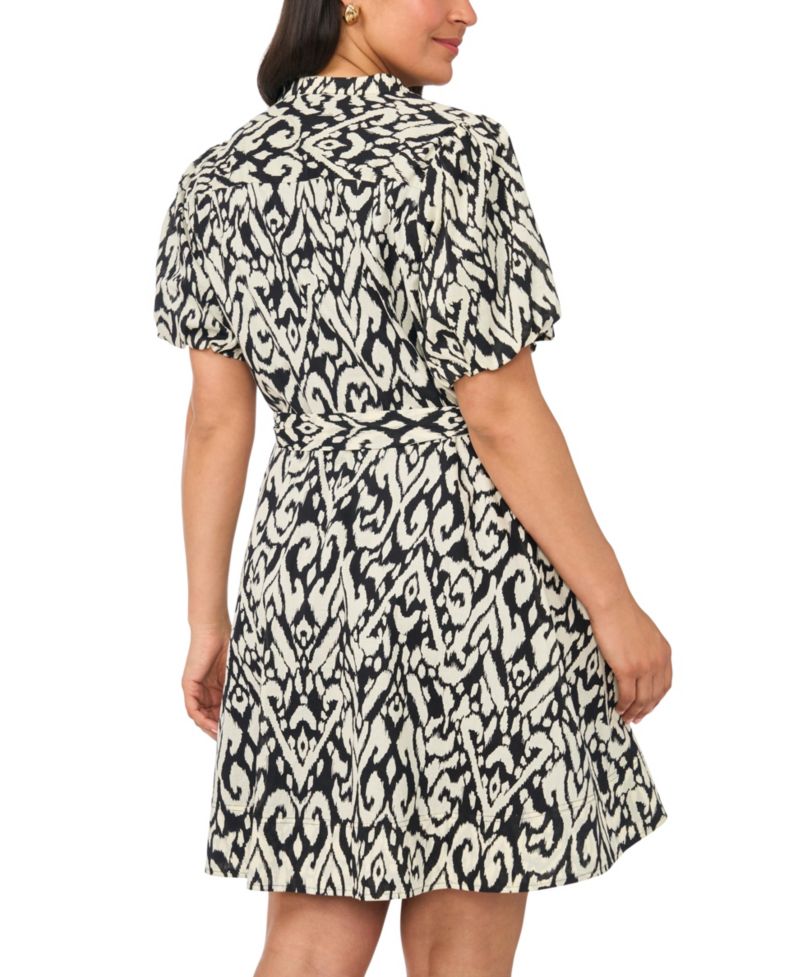 Plus Size Puff-Sleeve Belted Mini Dress