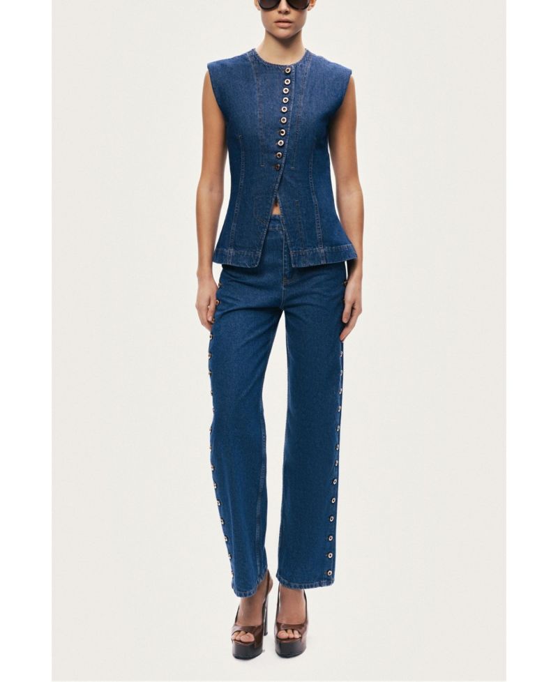 Women's Eyelet Detail Wide-Leg Denim Pants