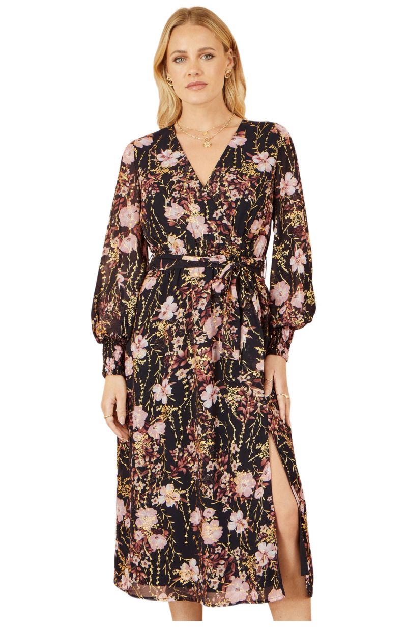 Women's Foiled Floral Print Wrap Midi Dress