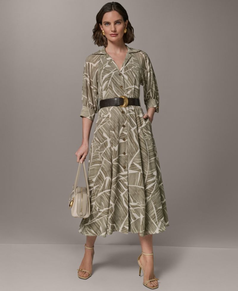 Women's Printed Collared Shirt Dress with Faux Leather Belt