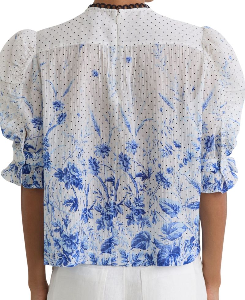 Women's Cotton Floral-Print Ruffle Blouse
