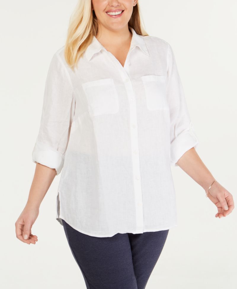 Plus Size Roll-Tab 100% Linen Shirt