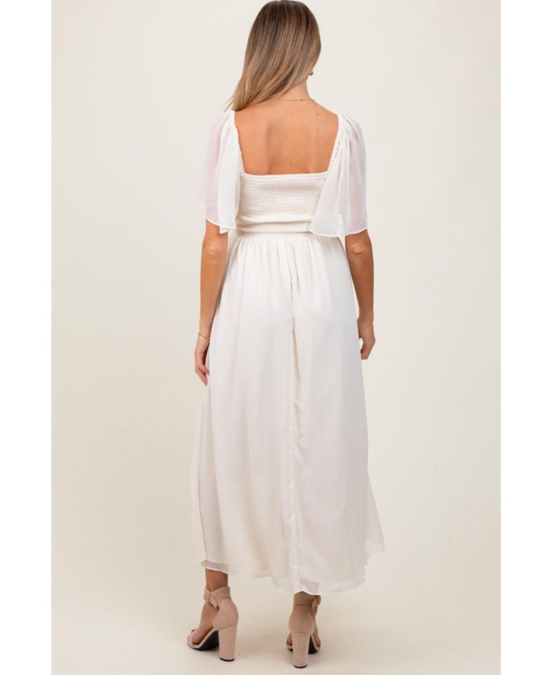 Women's Cream Floral Applique Flutter Sleeved Midi Dress