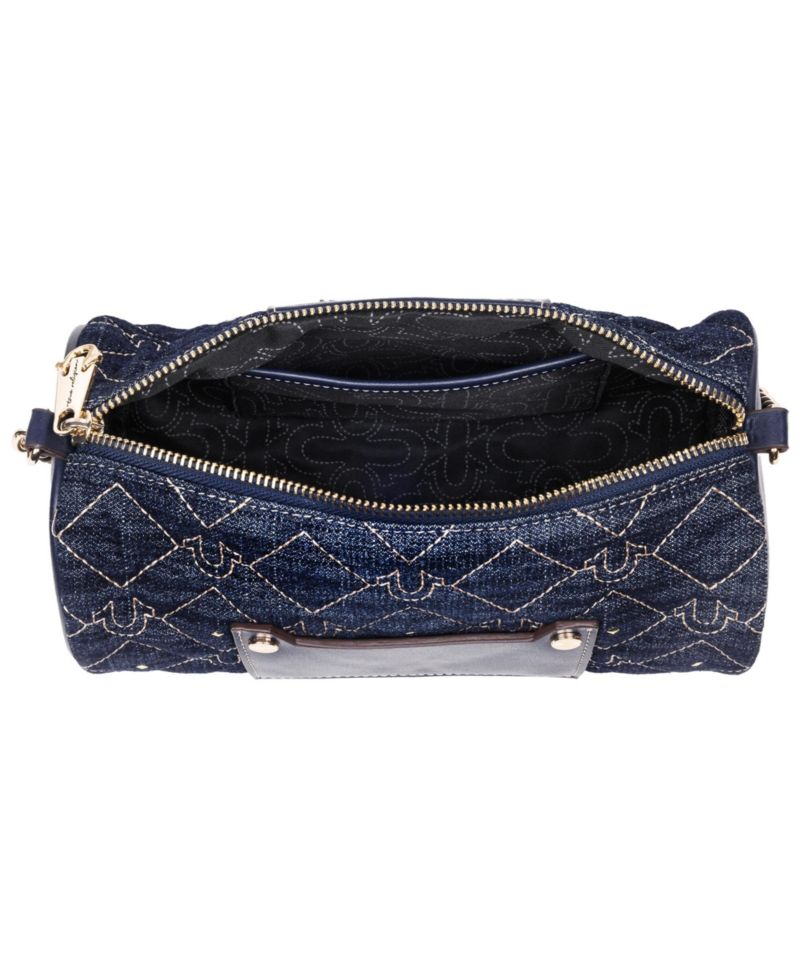 Studded Denim Zip Top Barrel Bag