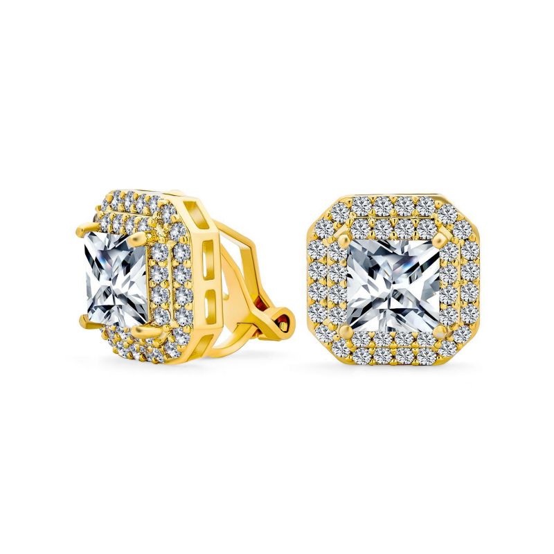 CZ Halo Princess Cut Cubic Zirconia Statement Stud Clip On Earrings Gold Plated