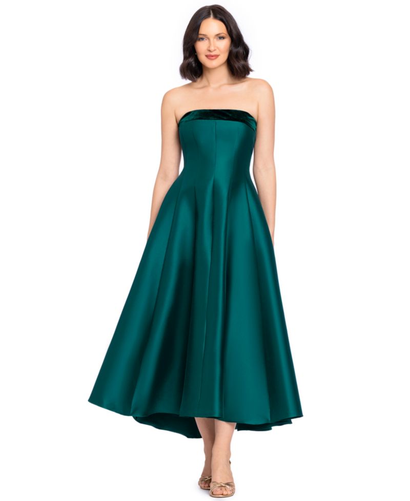 Women's Strapless Mikado With Velvet Stripe High Low Fit & Flare Dress
