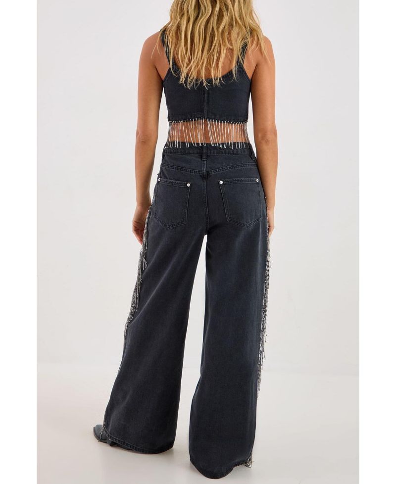 Women's Denim Diamonte Tassel Straight Leg Jeans