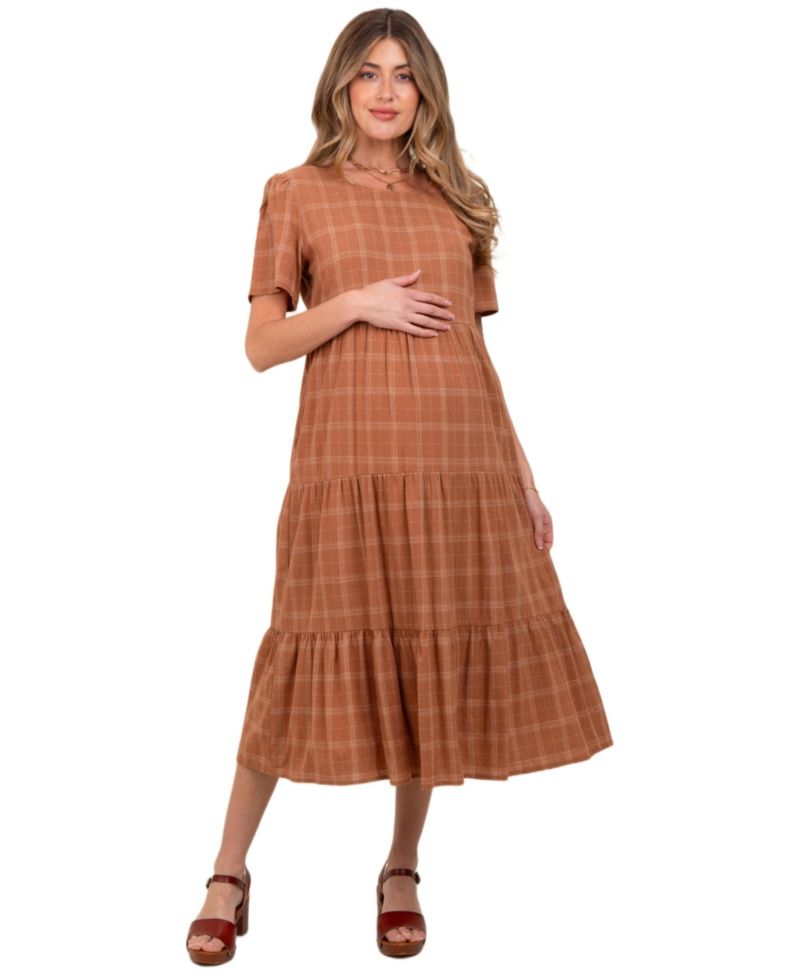 Women's Rust Plaid Tiered Short Sleeve Dress