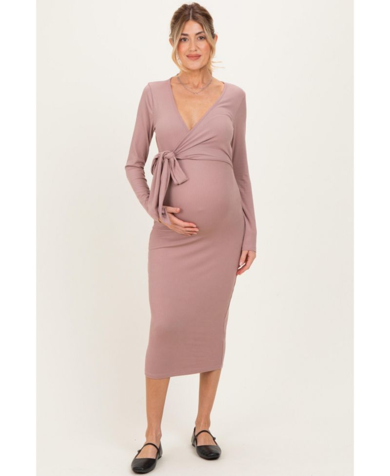 Women's Blue Ribbed Long Sleeve Wrap Dress