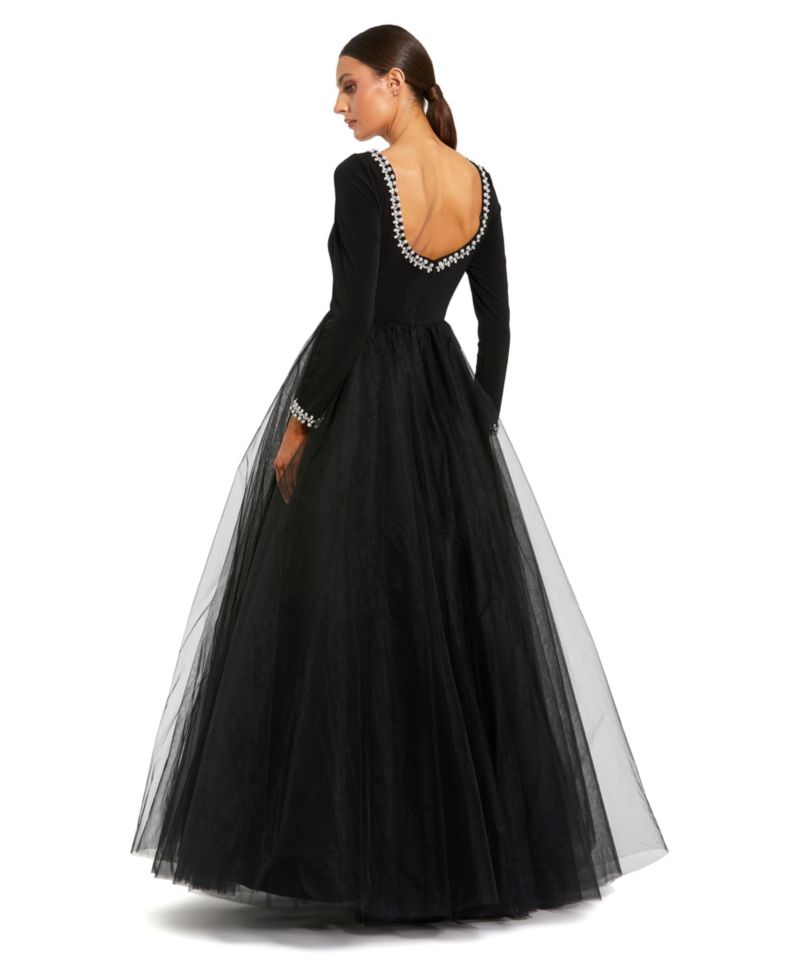 Petite Embellished Jersey Long Sleeve Ballgown With Tulle Skirt