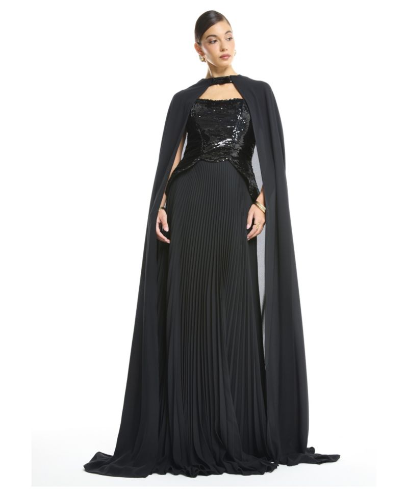 Women's Sequin Bustier Pleated Evening Gown with Detachable Cape