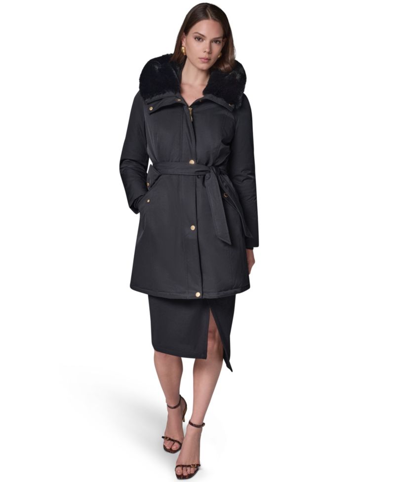 Women's Belted Hooded Mid-Length Puffer Coat
