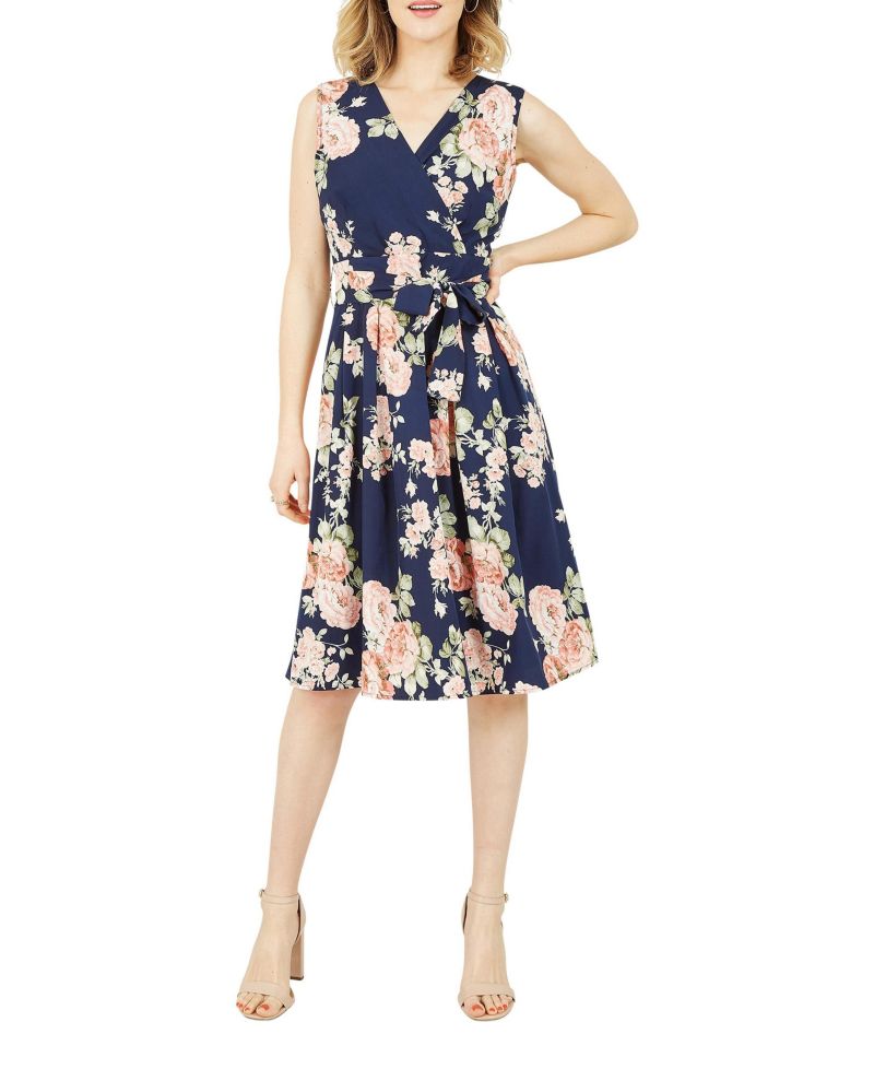 Women's Floral Rose Wrap Over Sleeveless Dress