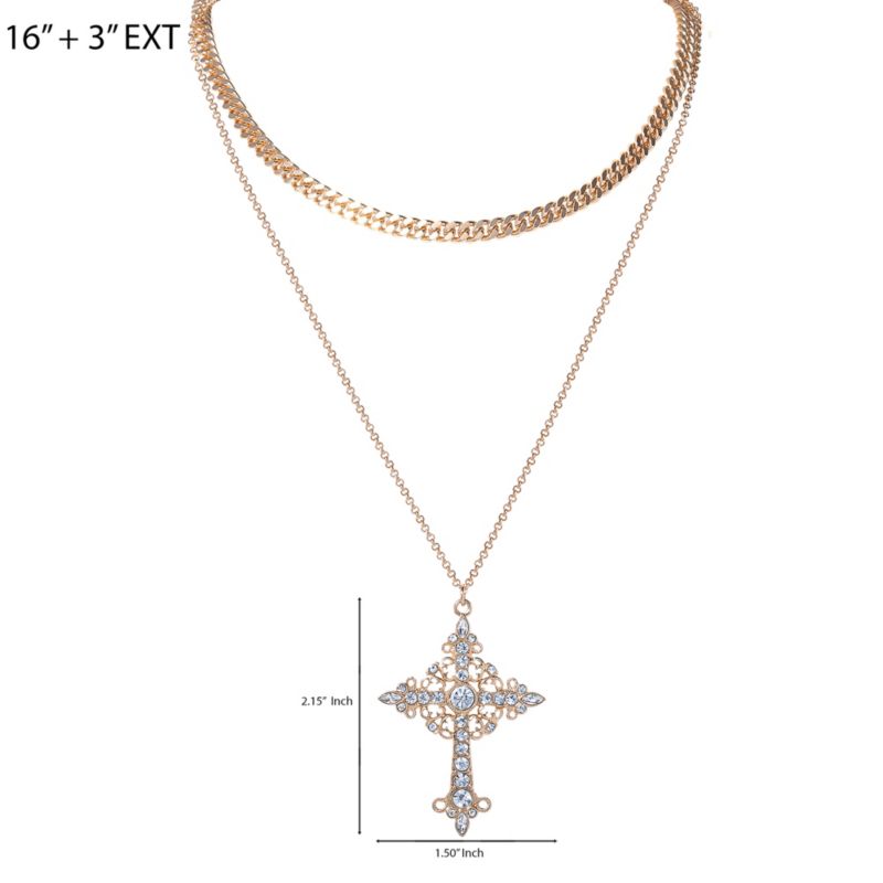 Gold-Tone Rhinestone Cross and Curb Chain Necklace Set