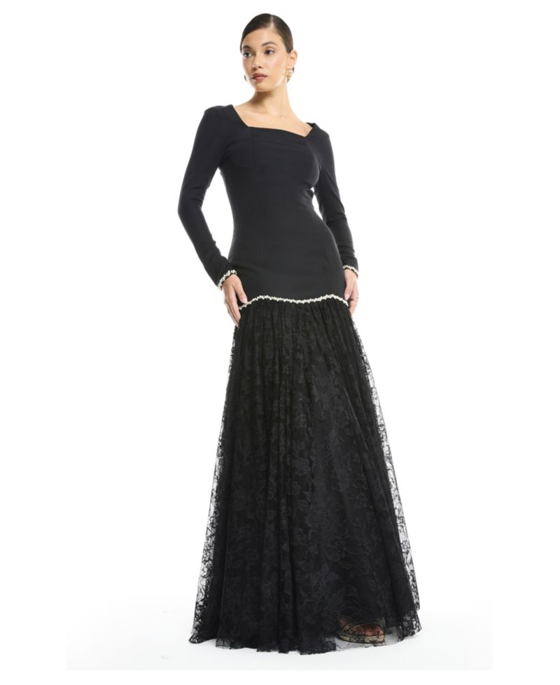 Women's Long Sleeve Square Neck Drop Waist Evening Dress