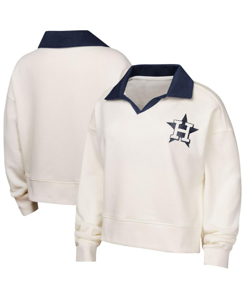 Big Girls White Houston Astros Ballpark Hit Collared V-Neck Pullover Sweatshirt