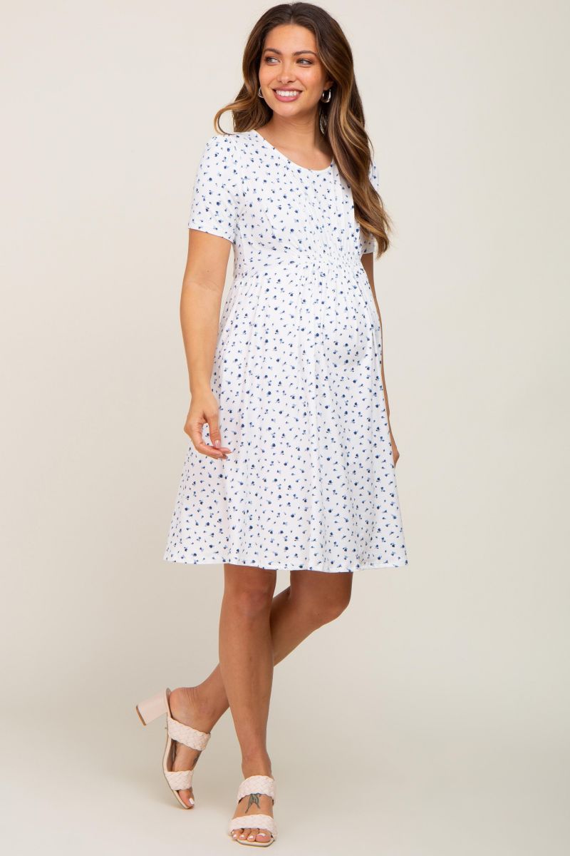 Women's Navy Floral Smocked Short Sleeve Dress