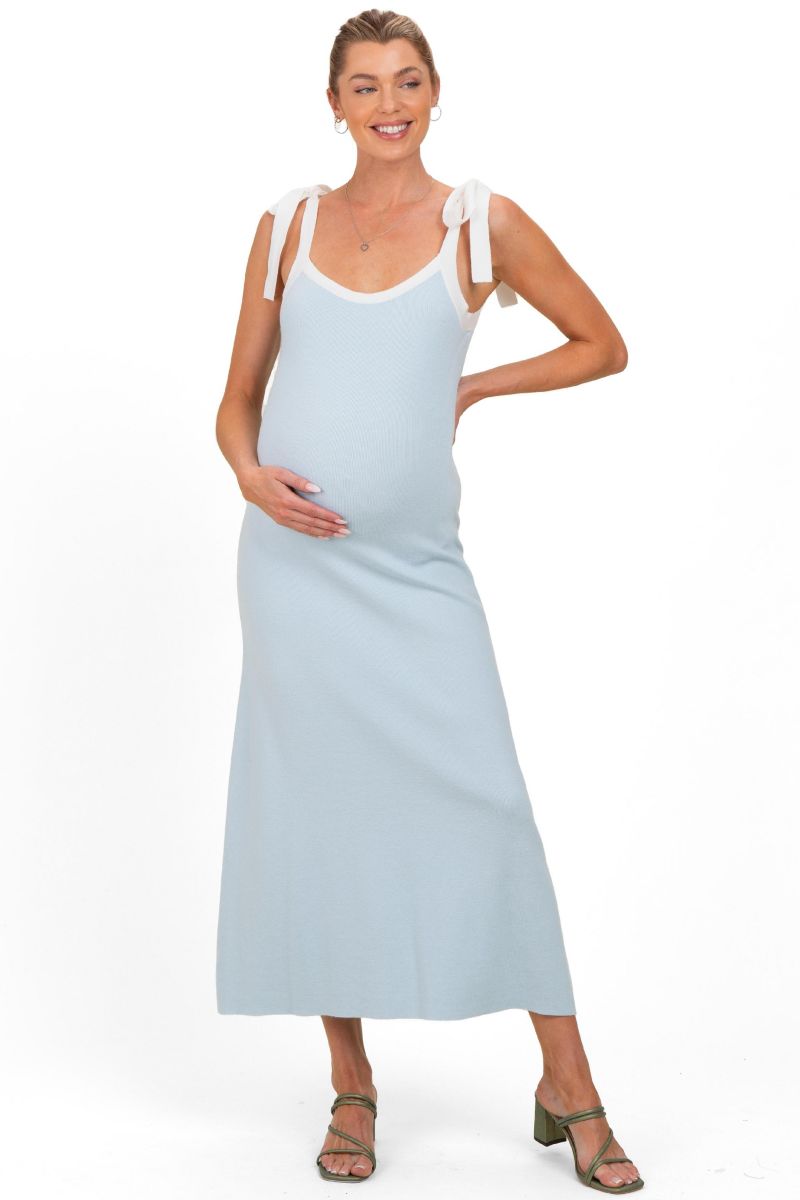 Women's Light Blue Knit Contrast Shoulder Tie Dress
