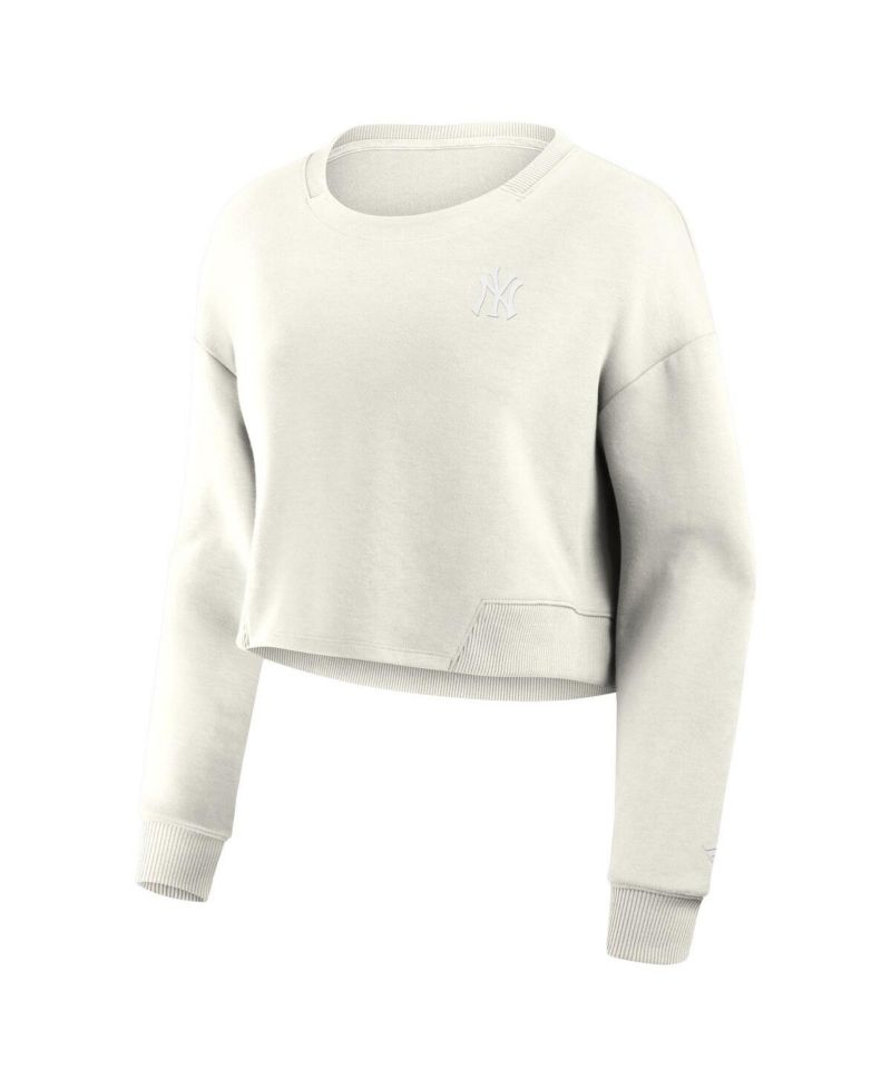 Women's Cream New York Yankees Studio Cropped Pullover Sweatshirt
