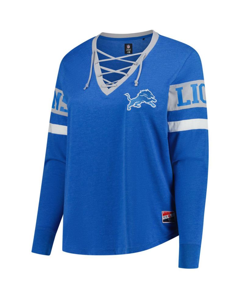 Women's Blue Detroit Lions Plus Size Throwback Lace-Up Long Sleeve T-Shirt