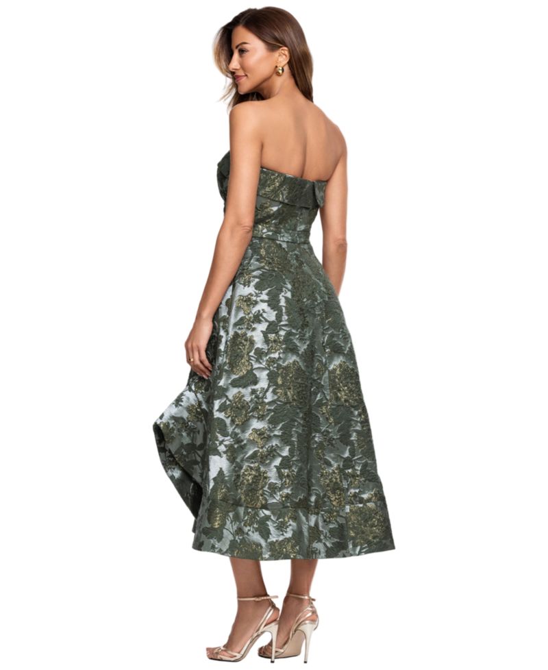 Petite Strapless Brocade Asymmetrical Hem Midi Dress