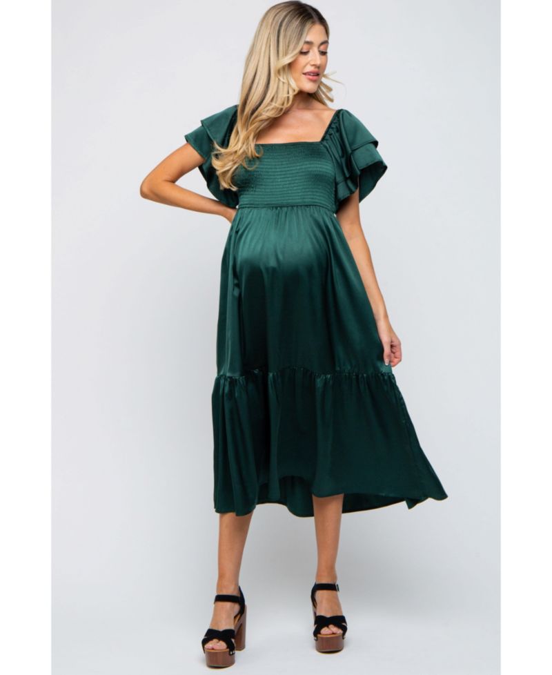 Women's Navy Satin Flutter Sleeve Midi Dress