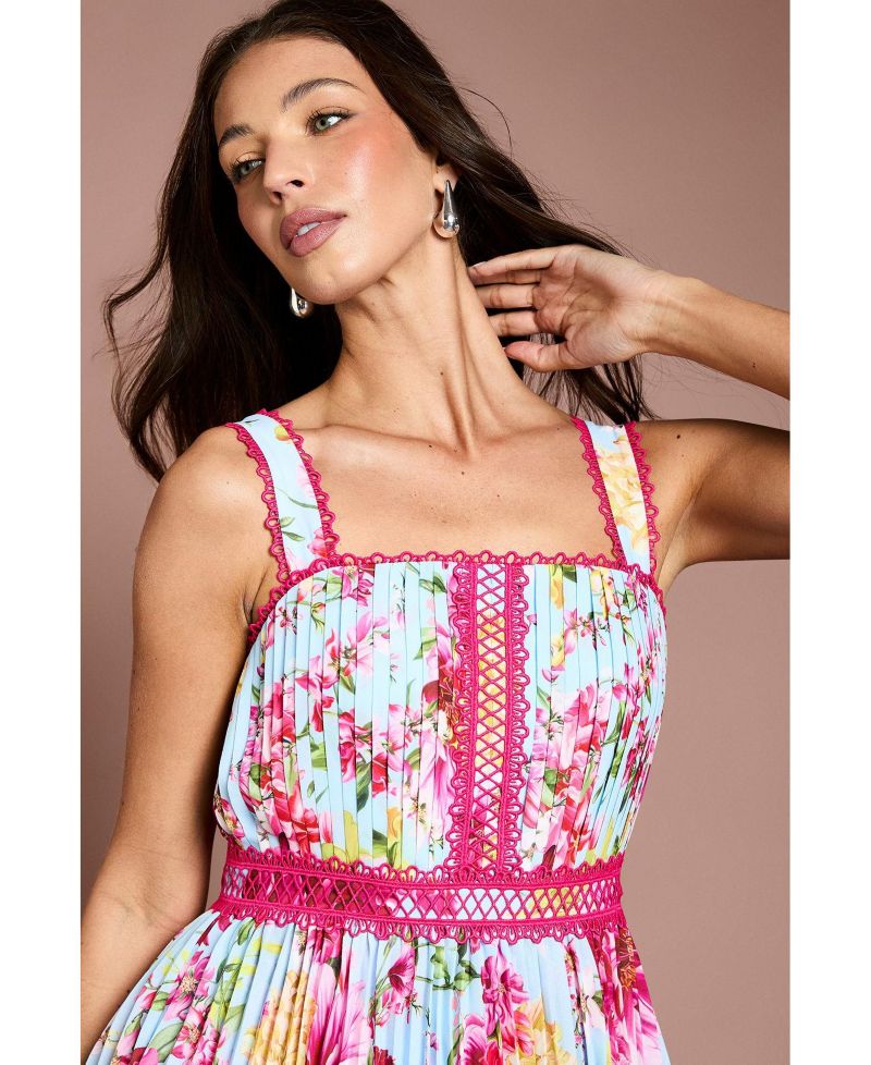 Women's Pleated Floral Square Neck Midi Dress