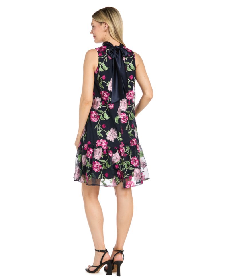Women's Embroidered Mesh Trapeze Halter Neck Dress
