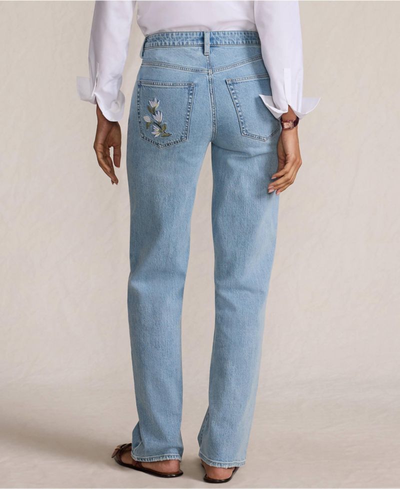 Women's Soft Denim Mid Rise Relaxed Straight Leg Embroidered Jeans