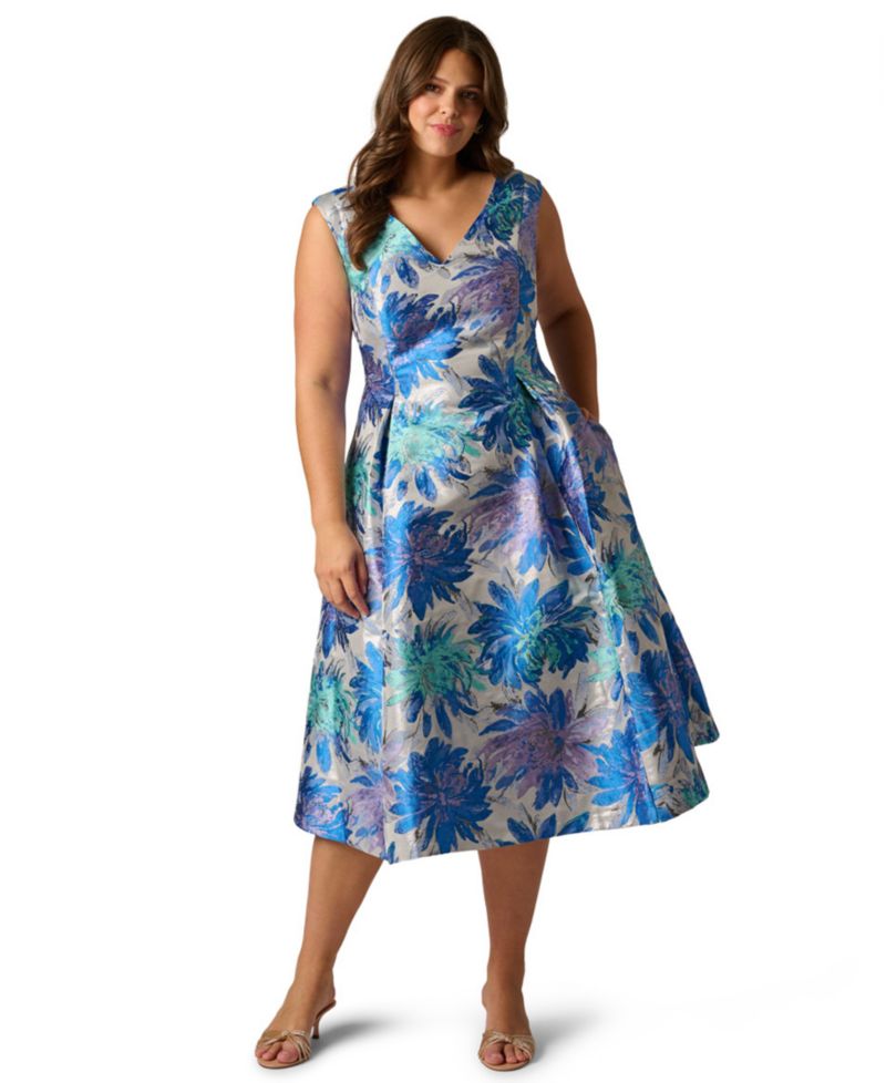 Plus Size Metallic Jacquard Midi Dress