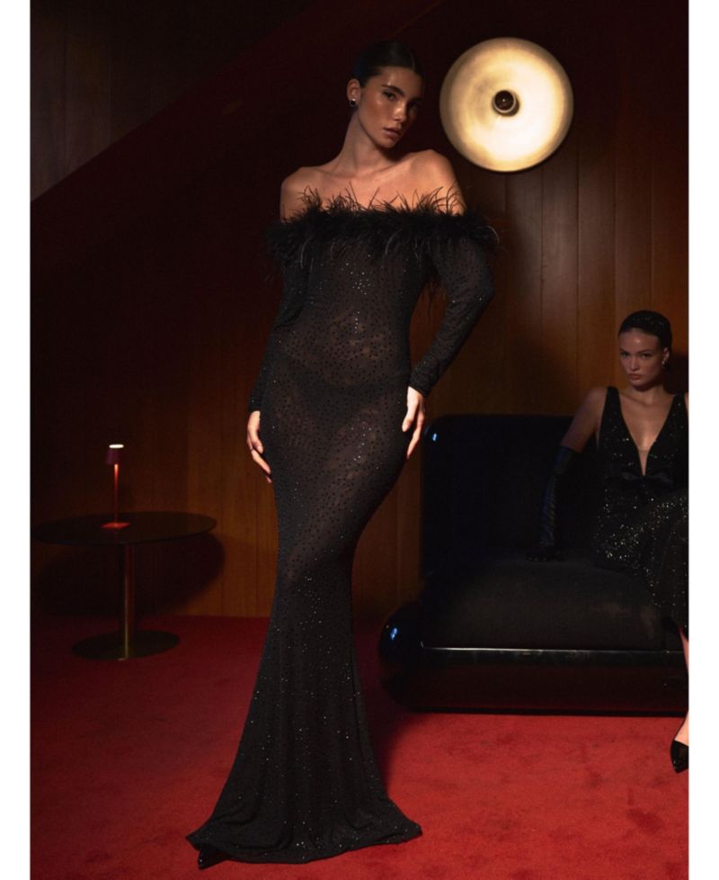 Women's Emberly Black Faux Fur Trimmed Off-Shoulder Rhinestone Mermaid Maxi Dress