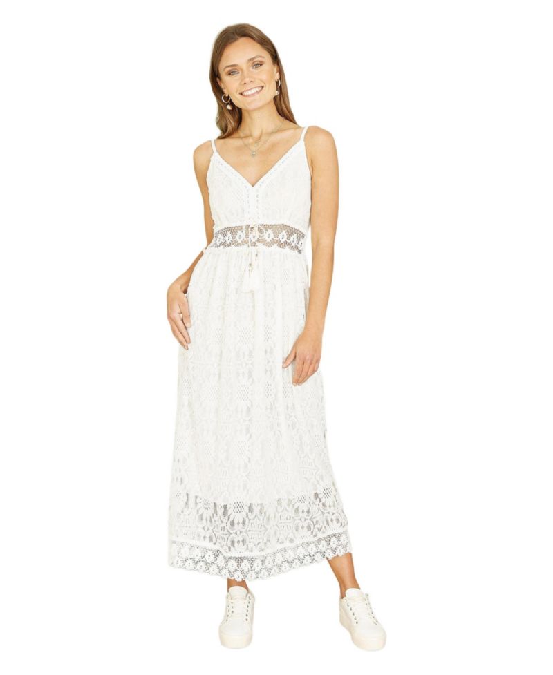 Women's Lace Embroidered Tassel Tie Midi Dress