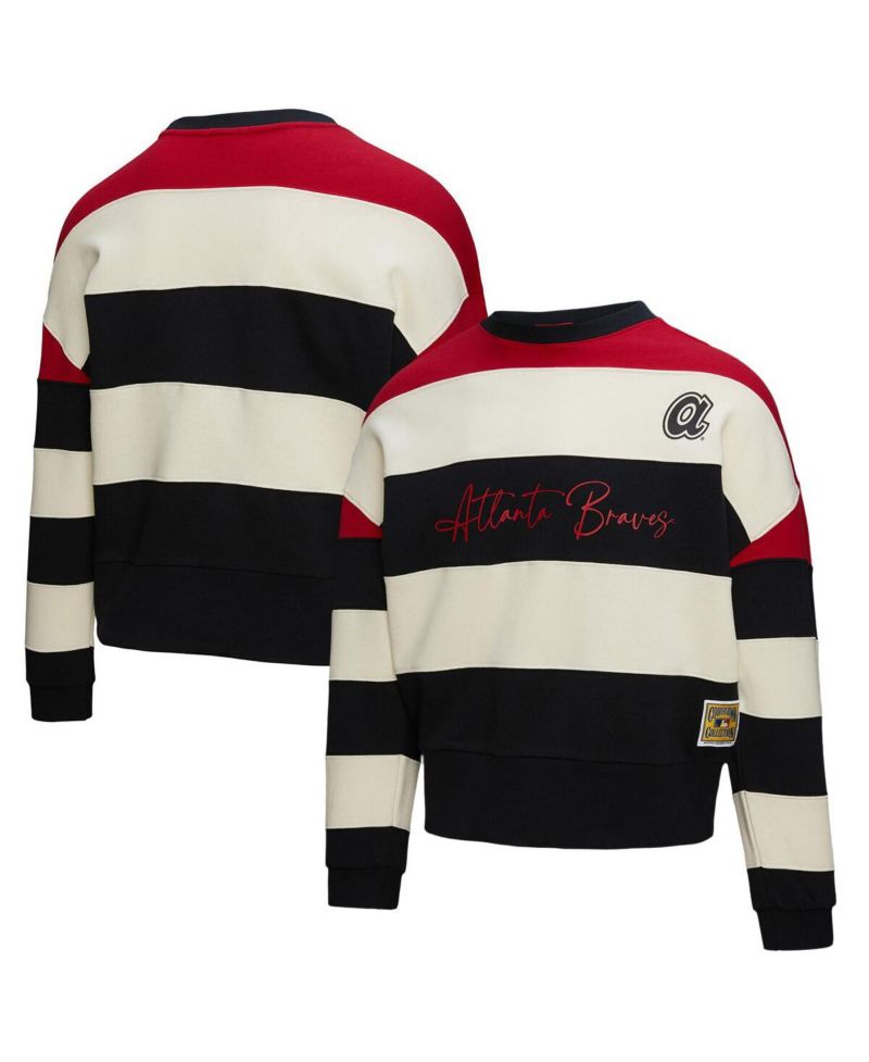 Women's Red/Black Atlanta Braves Cooperstown Collection Blocked Fleece Pullover Sweatshirt