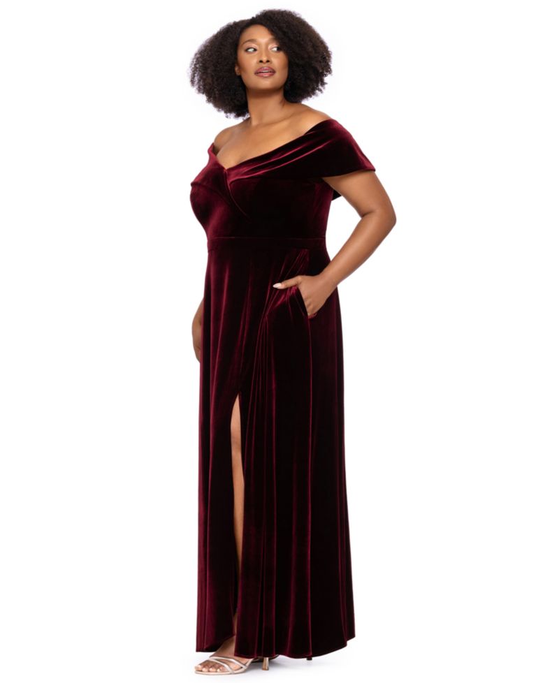 Plus Size Velvet Off-the-Shoulder A-Line Gown