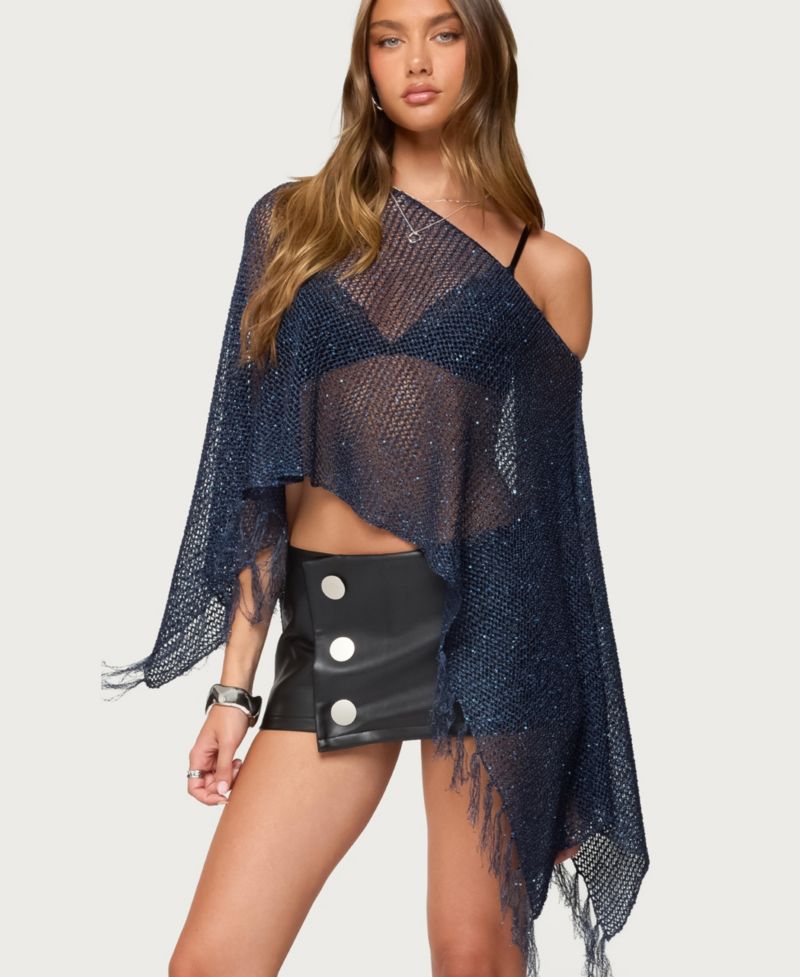 Women's Sequin Fringe Knit Poncho