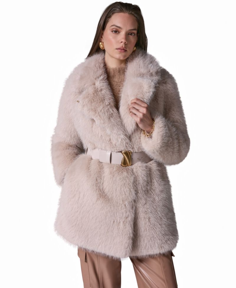 Womens Belted Collared Faux Fur Coat
