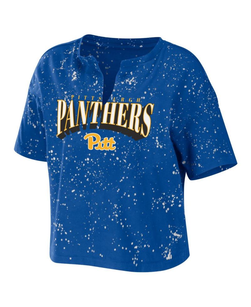 Women's Royal Pitt Panthers Bleach Wash Splatter Notch Neck T-shirt