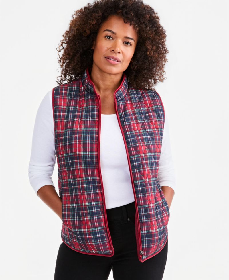Petite Quilted Plaid Puffer Vest, Macy's Exclusive