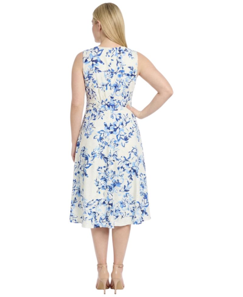Plus Size Printed Jewel Neck Eyelet Midi Dress
