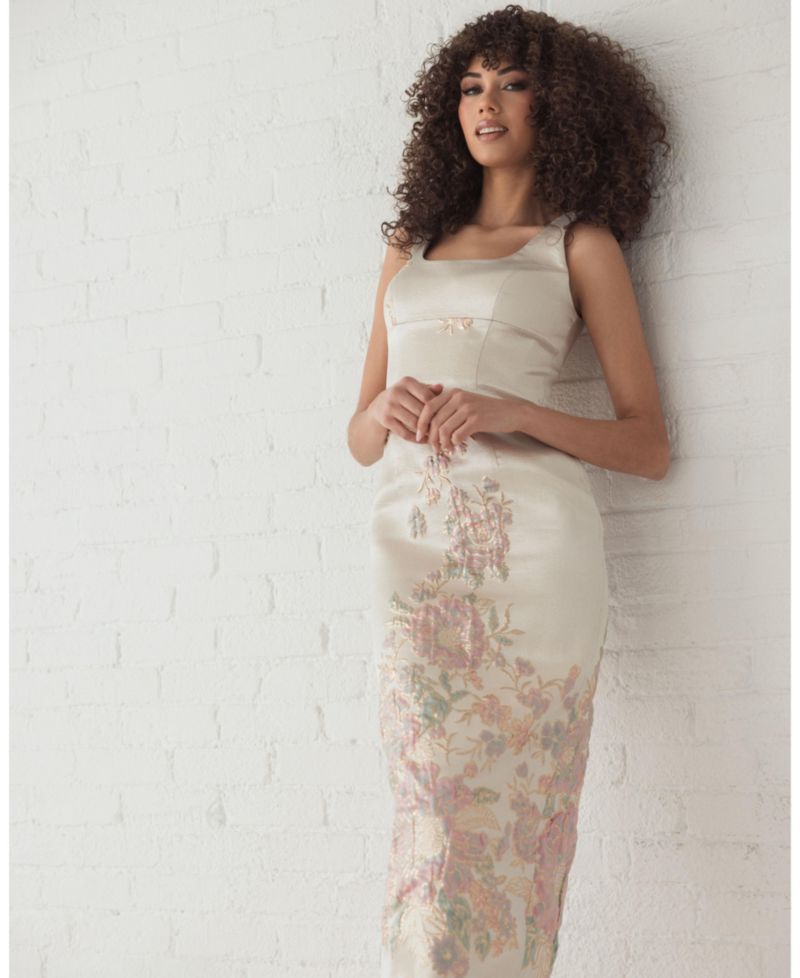 Women's Slim Strap Scoop Neck Bustier Brocade Midi Dress