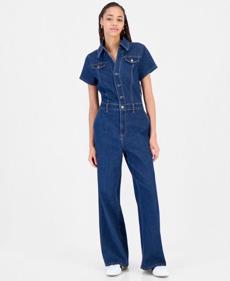 Juniors' Cotton Blend Denim Wide-Leg Boiler Suit