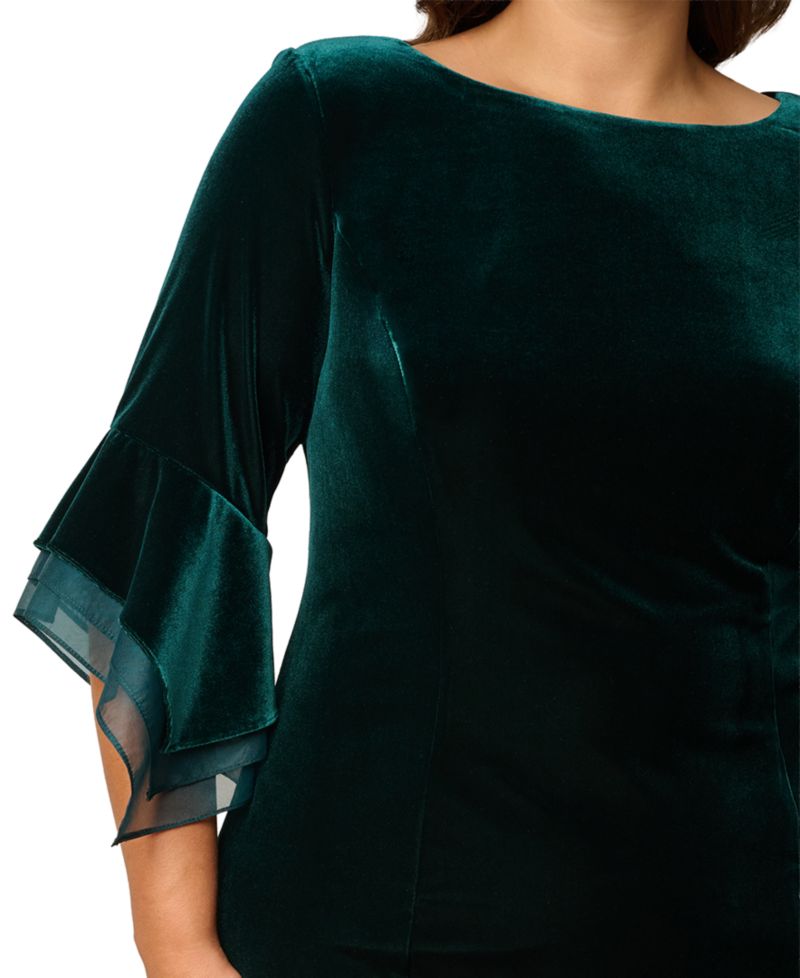 Plus Velvet Bell-Sleeve Mesh-Trim Dress