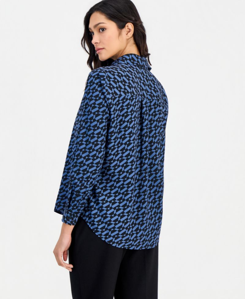 Petite Printed Button-Front Long-Sleeve Blouse