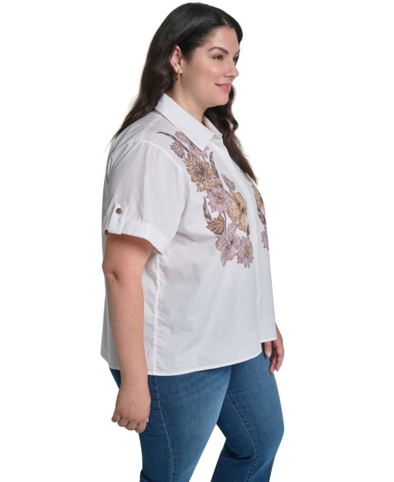 Plus Size Floral Short-Sleeve Collared Blouse